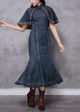 Vestido largo de mezclilla de algodón con volantes y cuello mandarín azul vintage, manga estilo capa
